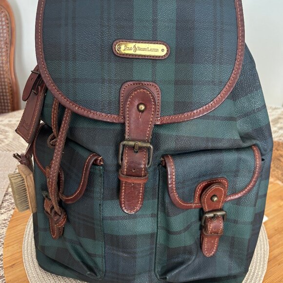 RARE Vintage Polo Ralph Lauren Blackwatch Tartan Plaid Backpack/Bag Leather Trim - Picture 1 of 12